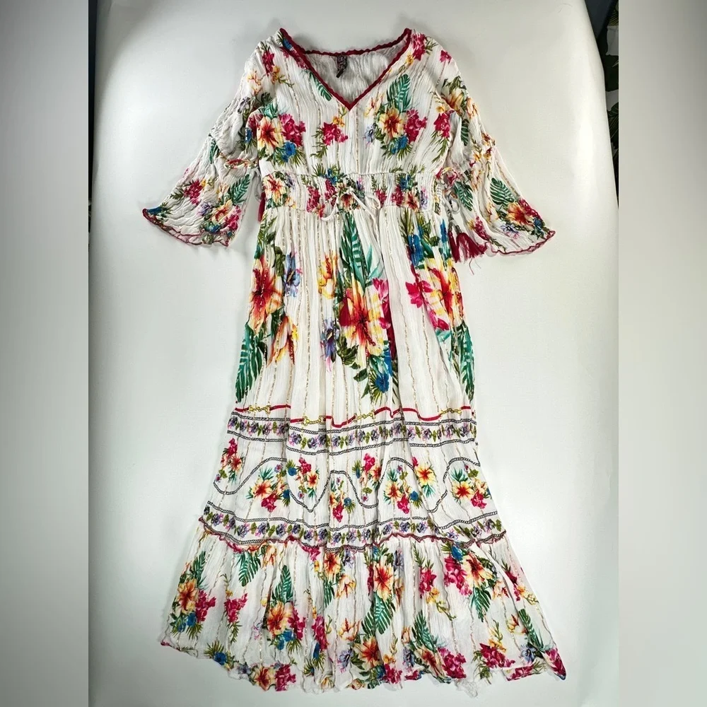 Me 2 Magic Boho Viscose Floral Smocked Waist Midi Dress Size L - Picture 2 of 16
